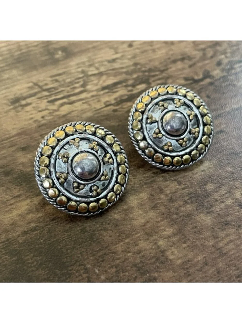 Vintage Napier Earrings Silver Gold Two Tone Etruscan Byzantine Style Post Back